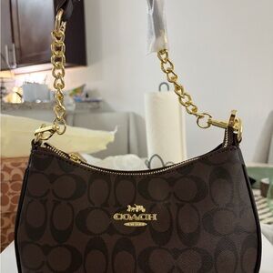 Coach Signature Brown Shoulder Bag with Gold Chain